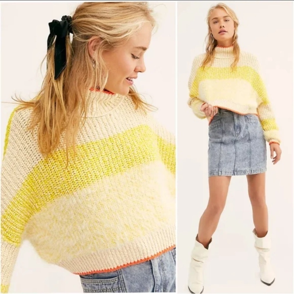 Free People sunbrite cropped turtleneck sweater yellow white 37620